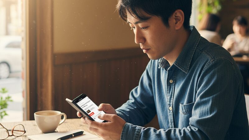 カフェでスマートフォンを使い、中古250ccアメリカンバイクの維持費や選び方について情報収集している男性