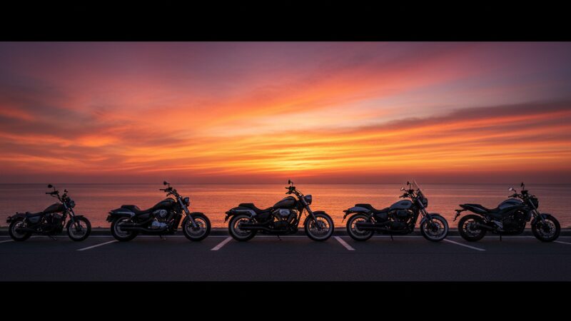 夕暮れの海岸線に並ぶ、様々なスタイルの中古250ccアメリカンバイク6選のイメージ。