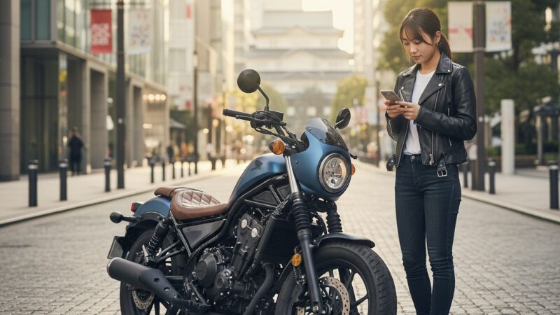 都市の洗練された風景に停車したホンダ レブル250と日本人女性ライダー