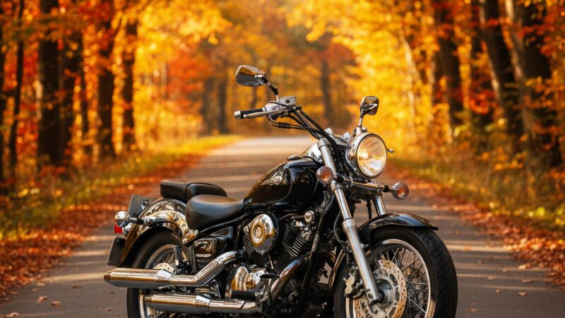秋の紅葉が美しい道を走るヤマハ ドラッグスター250の王道クラシックスタイル