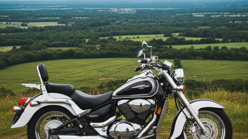 高原の雄大な景色の中に佇む、250ccとは思えない車格のスズキ イントルーダーLC250