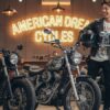 中古バイクショップで予算に合う安い250ccアメリカンバイクを比較検討している若い日本人男性ライダー