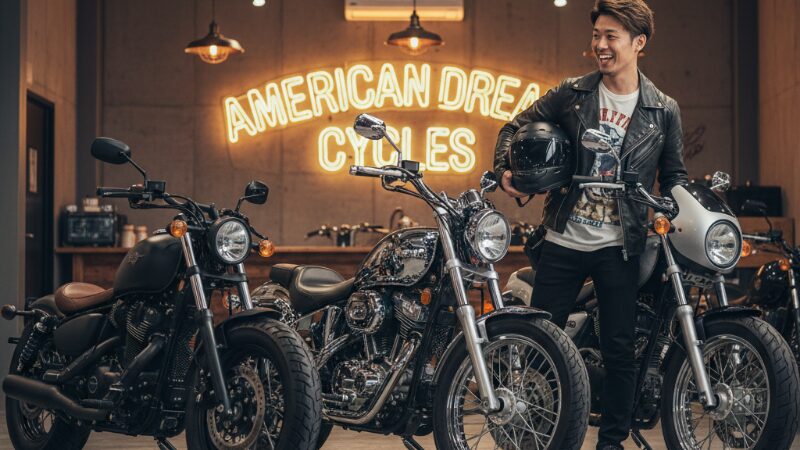 中古バイクショップで予算に合う安い250ccアメリカンバイクを比較検討している若い日本人男性ライダー