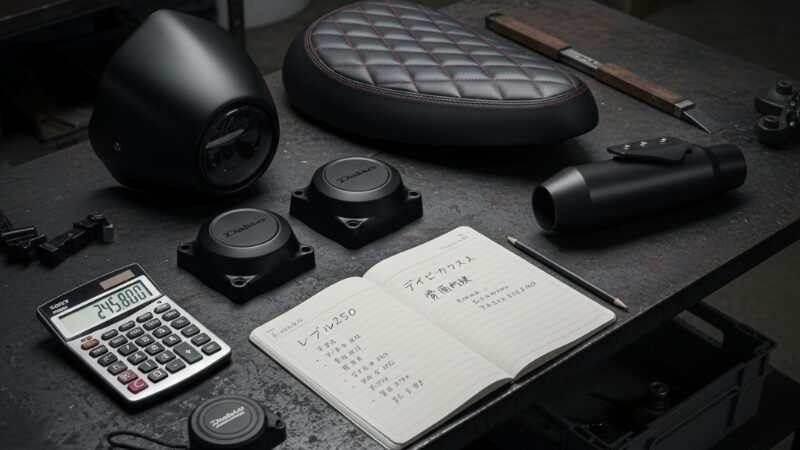 作業台に並べられたレブル250ディアブロのカスタムパーツ群