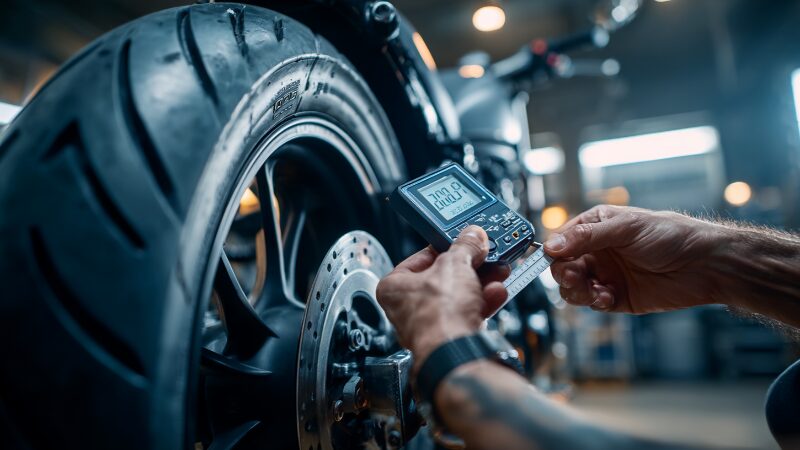 バイクのタイヤをノギスで測定している様子