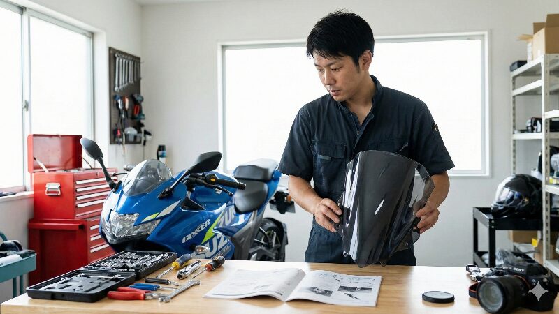 明るいガレージでジクサー250のスクリーン交換作業を行う男性