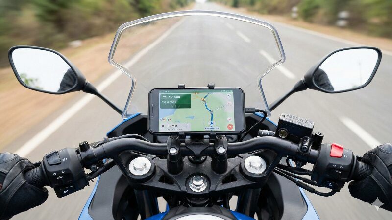 ライダー視点のコックピット画像、スクリーン内側のクランプバーに装着されたスマホのナビ画面