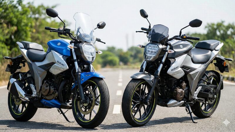 屋外に並べられた2台のジクサー250、一方はロングスクリーン、もう一方はショートスクリーン