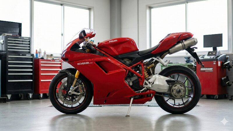 清潔なガレージに展示された赤いドゥカティ1098スーパーバイクの側面写真