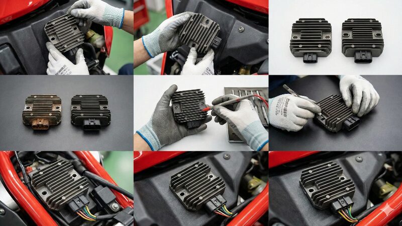 ドゥカティ1098のレギュレーター交換手順を示す作業写真のコラージュ