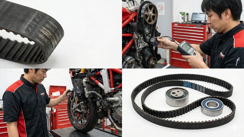 摩耗したタイミングベルトと、メカニックによるテンション調整作業