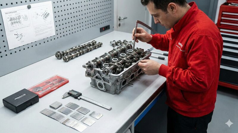 分解されたドゥカティ1098のエンジンヘッドで、デスモドロミックバルブクリアランスを測定する技術者