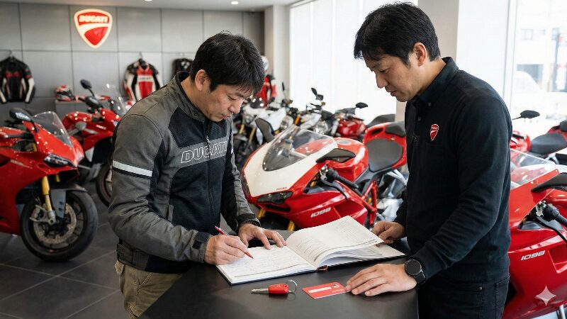 ドゥカティディーラーで中古1098のメンテナンス記録を確認しながら商談する日本人客とスタッフ