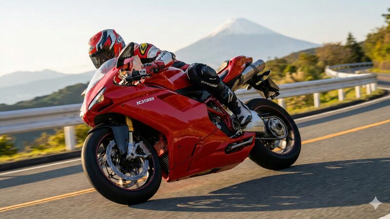 富士山を背景に、日本の峠道をダイナミックに走行する赤いドゥカティ1098のアクション写真