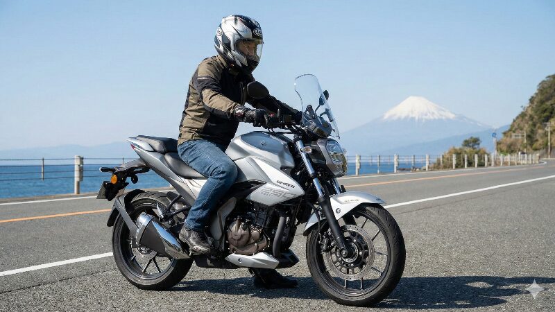 日本の美しい海岸線をツーリングする、ウインドスクリーンを装着したシルバーのジクサー250とライダー