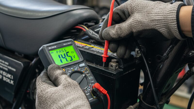 バイクのバッテリー電圧を測定するデジタルマルチテスター