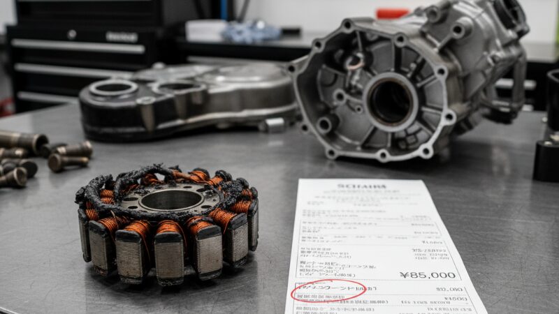 エンジンから取り外された焼損したステーターコイル（ジェネレーター）