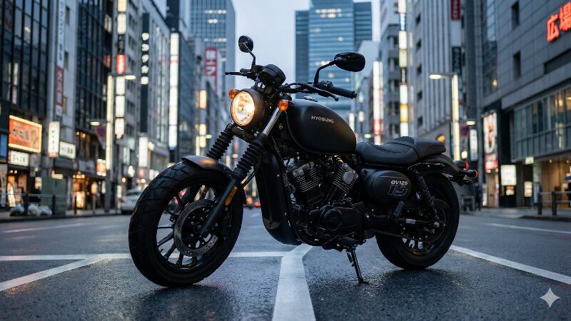 都市の夜景を背景に駐輪するヒョースン GV125S ボバー