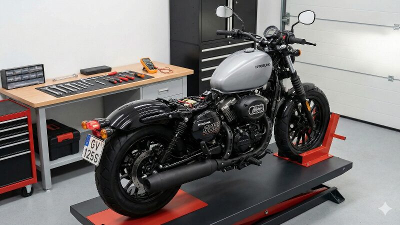 ガレージで整備中のGV125S ボバーと工具