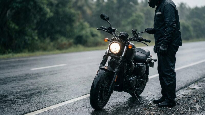 雨の中、路肩に停止したGV125S ボバー