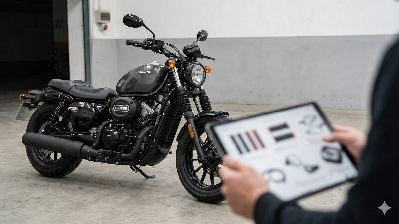 ノーマルのGV125S ボバーと、パーツカタログを見るライダー