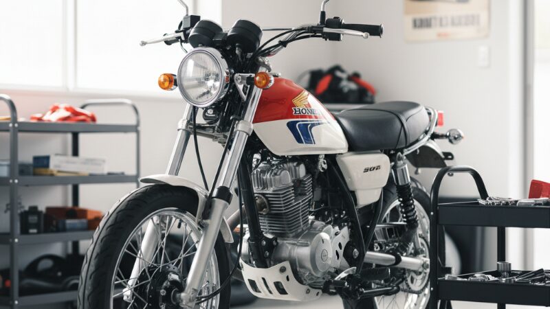 ガレージでメンテナンスを受けるホンダFTR223