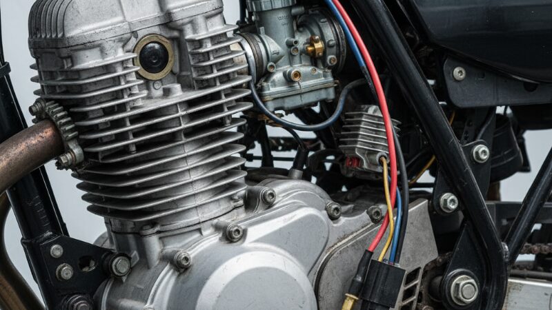 FTR223のエンジンとキャブレター周辺のクローズアップ