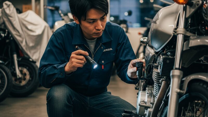 中古バイク店でFTR223を点検する男性