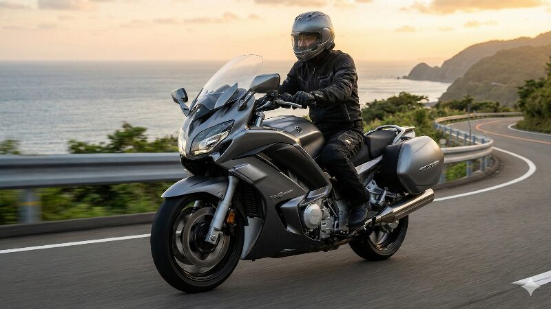 夕暮れの海岸線を颯爽と走るヤマハFJR1300と日本人ライダー