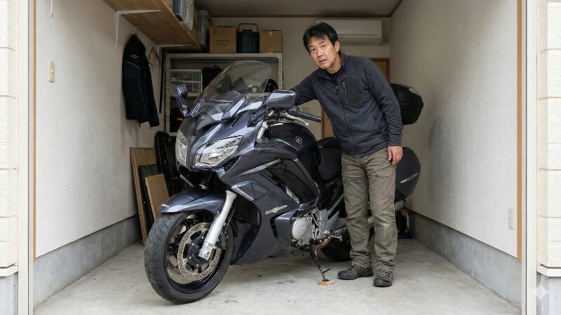 自宅ガレージでFJR1300の大きさと重さに圧倒される男性オーナー
