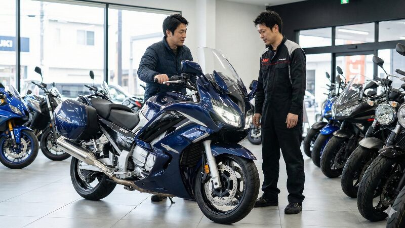 バイクショップでFJR1300の中古車を真剣にチェックする日本人男性