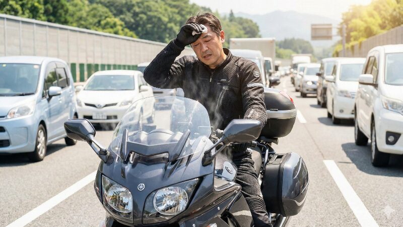 真夏の渋滞でエンジンからの熱気に耐えるFJR1300のライダー