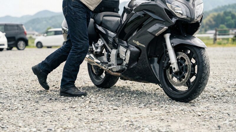 砂利の駐車場でFJR1300の取り回しに苦労するライダー