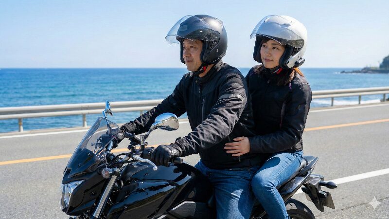 海沿いを笑顔でタンデムツーリングするカップル