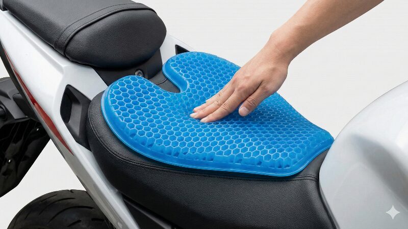 タンデムシートに装着されたゲルクッションを手で押して柔らかさを確認する様子