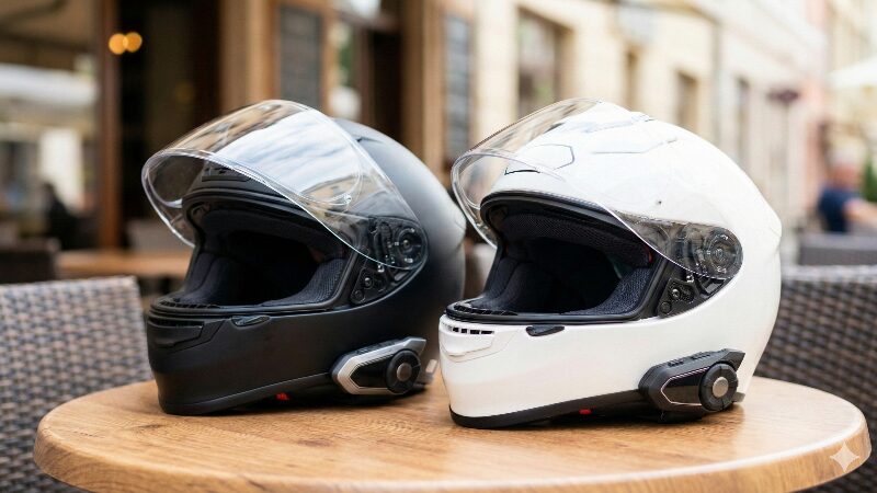 カフェテラスのテーブルに置かれた、インカム付きの2つのヘルメット