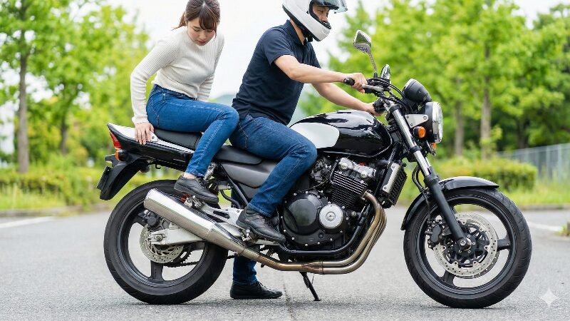 ライダーがバイクを固定する中、タンデムシートに安全に乗り込む女性