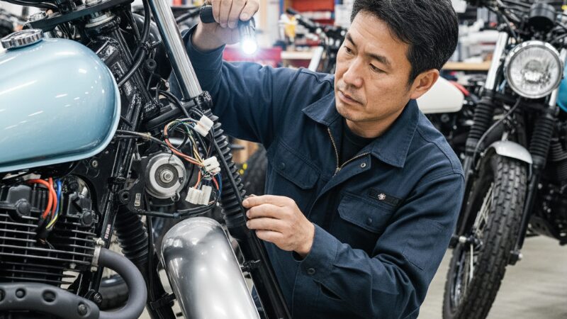 TW200カスタム車のエンジンと配線チェック作業