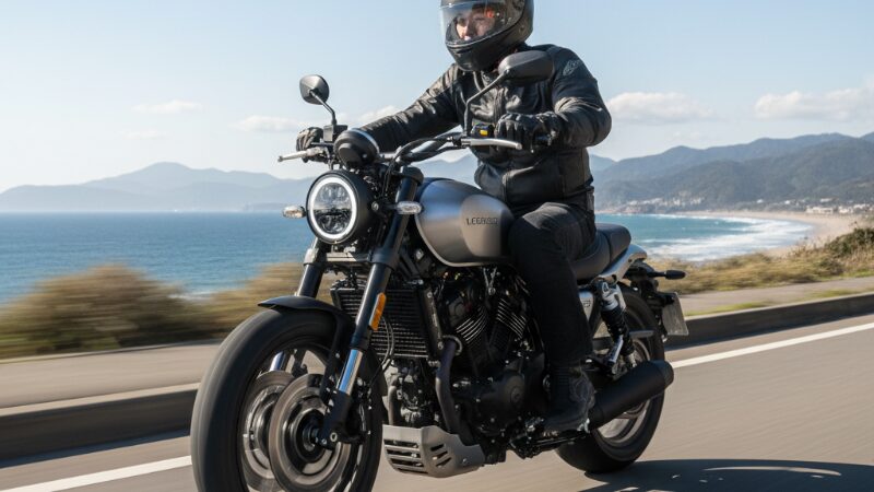 パイルダー125が長いホイールベースを活かし、郊外の直線道路を安定して走行