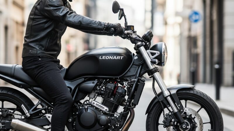 ライダーがパイルダー125に跨り、遠いハンドルに手を伸ばしている