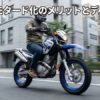 都心の道路を軽快に走るモタード化されたヤマハ・セロー250と日本人ライダー