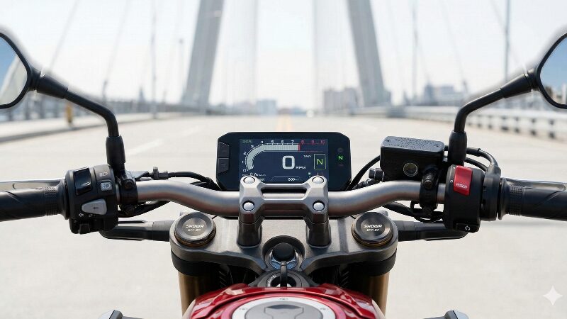 CB650Rのハンドル周りとメーター、走行中の振動をイメージさせる