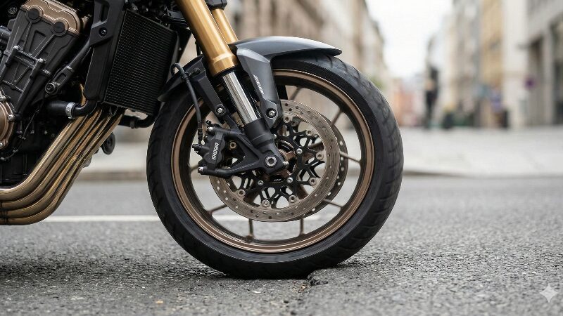 路面の衝撃を受けるCB650Rのフロントフォーク付近のアップ