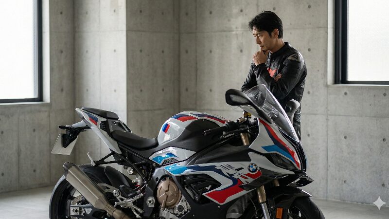 高級感のあるガレージでBMWのバイクを眺めるオーナー