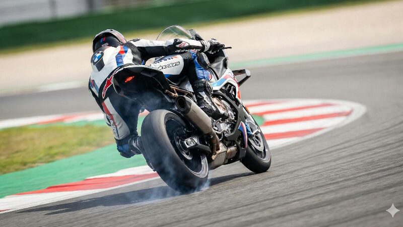 サーキットでリアをスライドさせて旋回するM1000RR