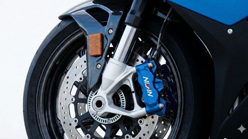 M1000RRのMカーボンホイールとブルーのMブレーキキャリパー
