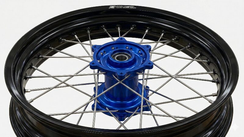 アルマイトハブとブラックリムが美しいモタード用スポークホイール