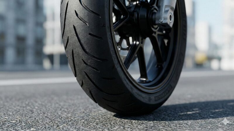 アスファルトを捉える17インチオンロードタイヤのクローズアップ