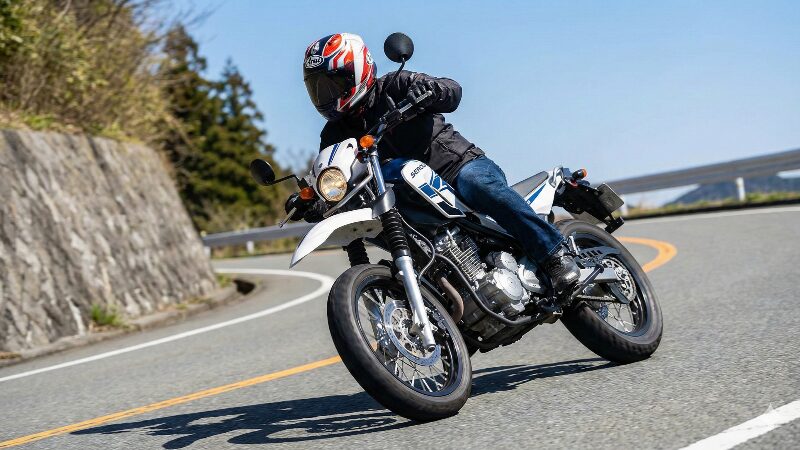 舗装されたワインディングロードを軽快にコーナリングするセロー250モタード