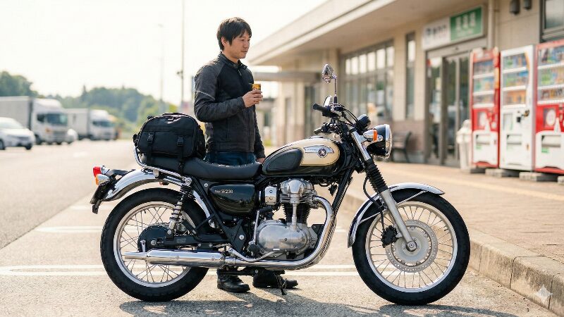 高速道路のサービスエリアで駐車中のW230と、缶コーヒーを飲みながら休憩するライダー、リラックスした雰囲気
